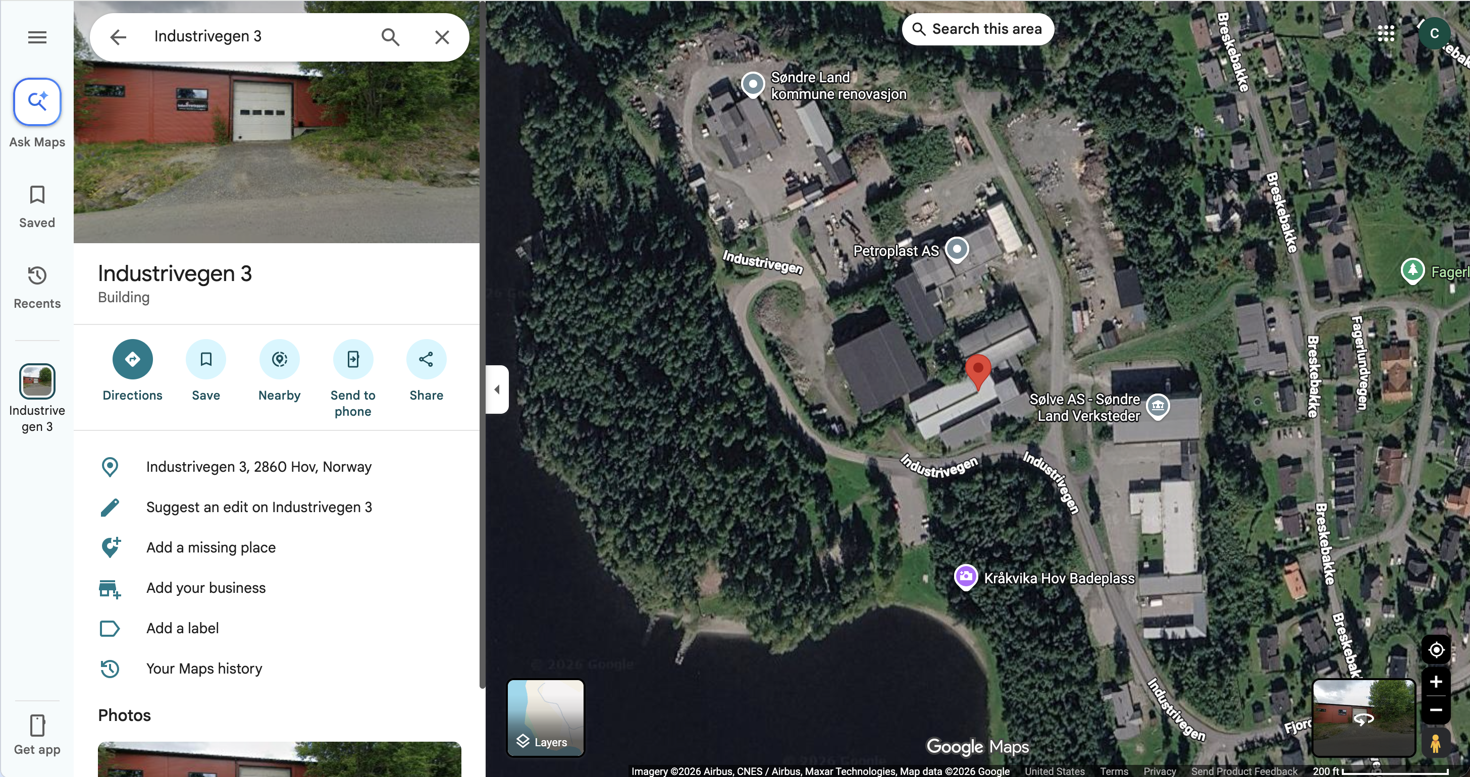 Google Maps location of Nordic Blocks AS, Industrivegen 3, 2860 Hov, Norway